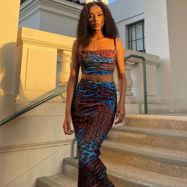 Printed Strapless Halter Top Slim-fit Skirt Suit