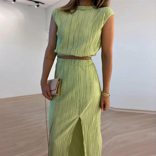 High Neck Pleated Short Sleeve Shirt with High Slit Midi Skirt Set