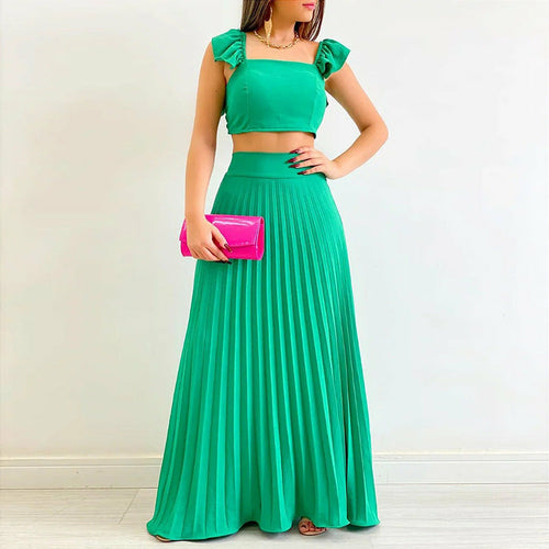 Solid Color Crop Top and Pleated Midi Skirt Set