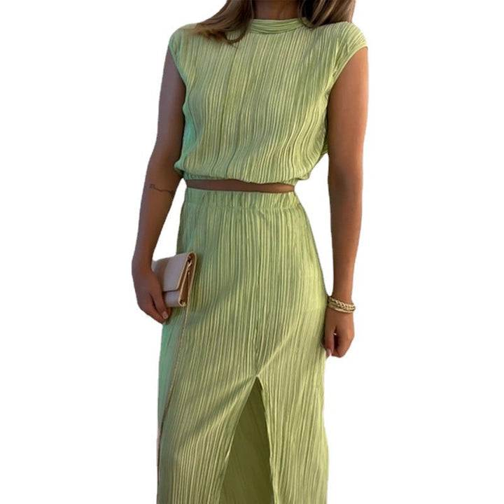 High Neck Pleated Short Sleeve Shirt with High Slit Midi Skirt Set