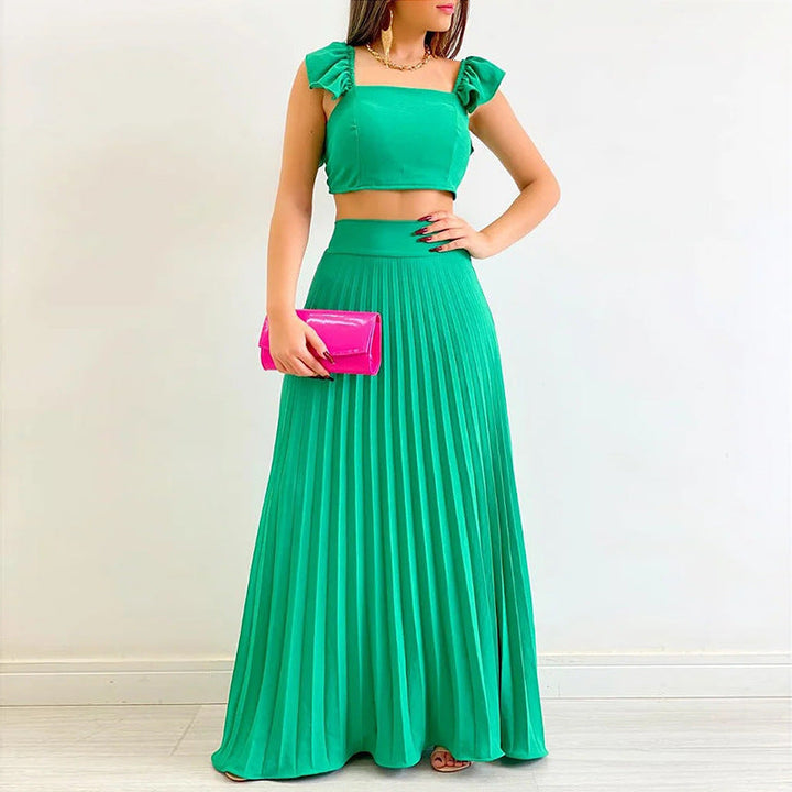 Solid Color Crop Top and Pleated Midi Skirt Set