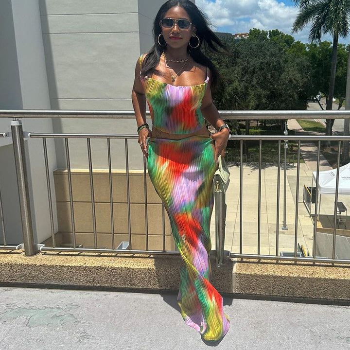 Printed Strapless Halter Top Slim-fit Skirt Suit