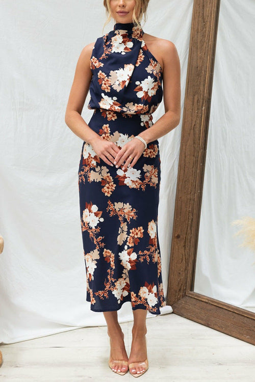 Women's Sleeveless Halter Printed Satin Dress