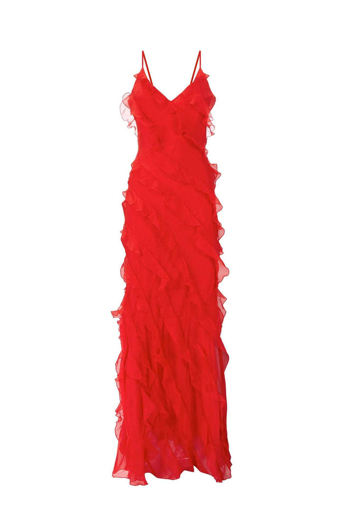 Backless Maxi Dress with High Slit and Ruffle Hem