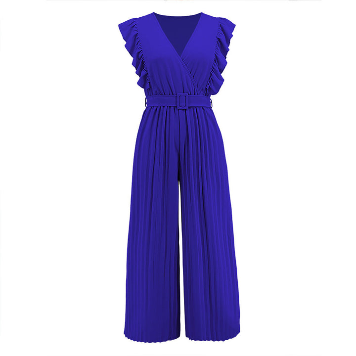 High Waist Sleeveless V-neck Pleated Wide Leg Jumpsuit