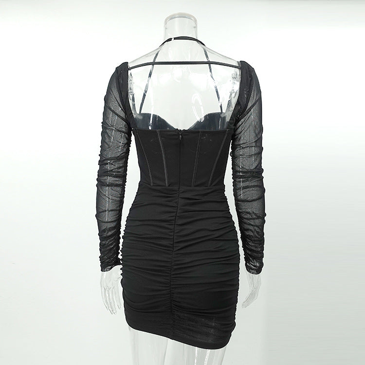 Sheer Fishbone Ruffle Dress
