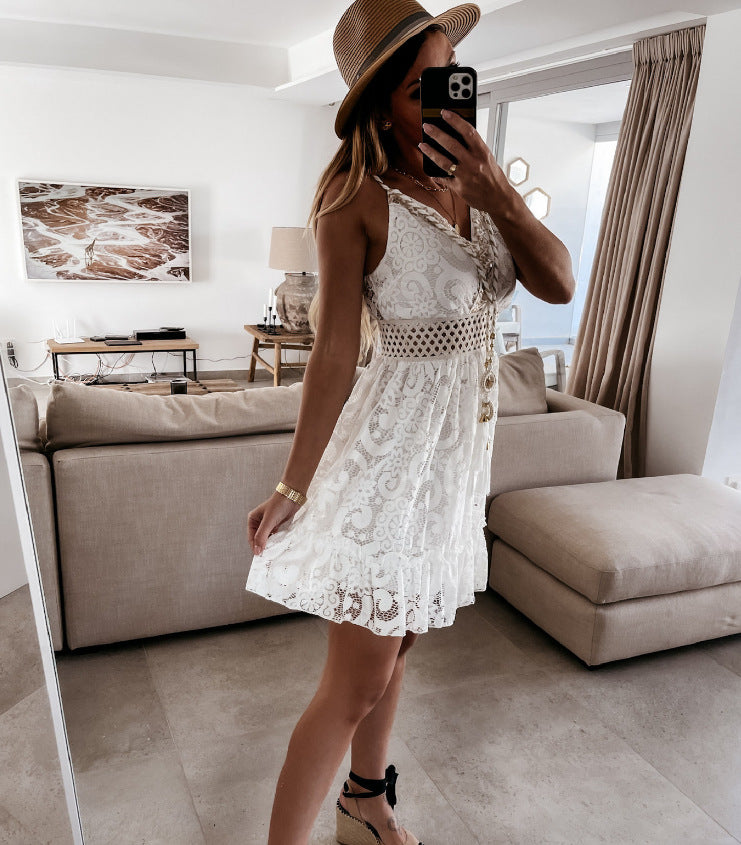 Sleeveless Lace V-neck Short Dress