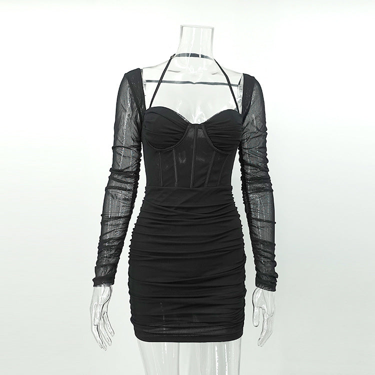 Sheer Fishbone Ruffle Dress