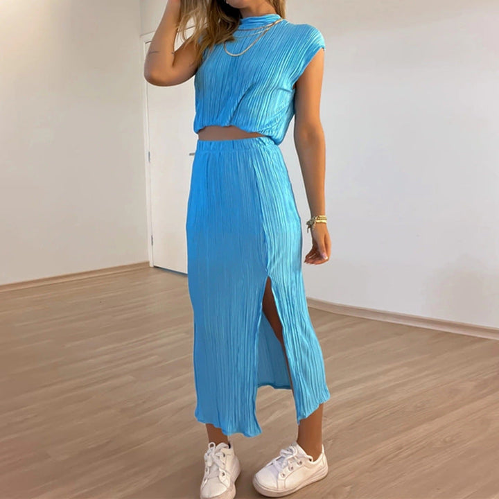 High Neck Pleated Short Sleeve Shirt with High Slit Midi Skirt Set