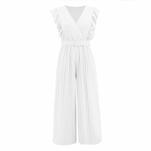 High Waist Sleeveless V-neck Pleated Wide Leg Jumpsuit