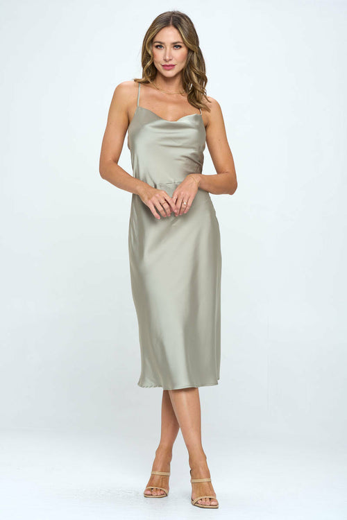 Satin Bias Midi Dress with Criss Cross Back