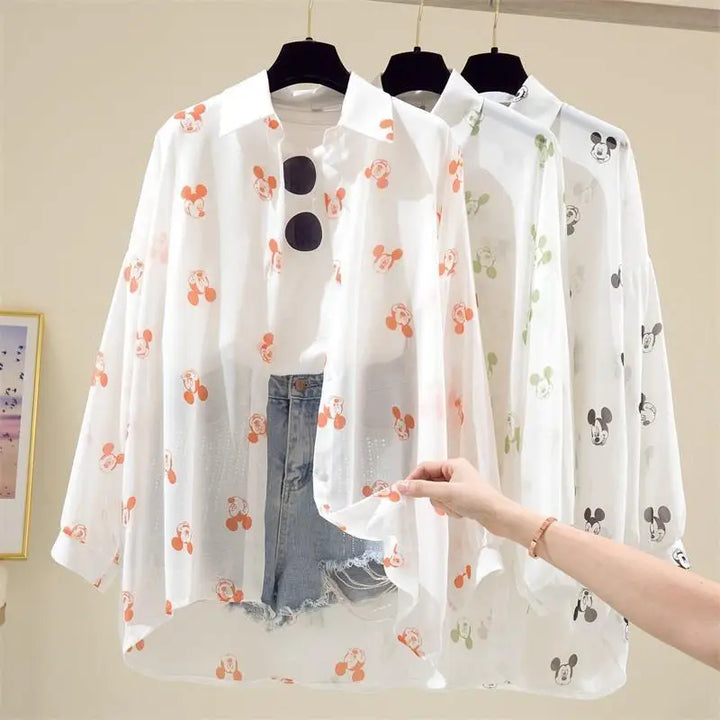 Mickey Mouse Blouse Ladies Long Sleeve Women Shirt Beach Shirts Kawaii