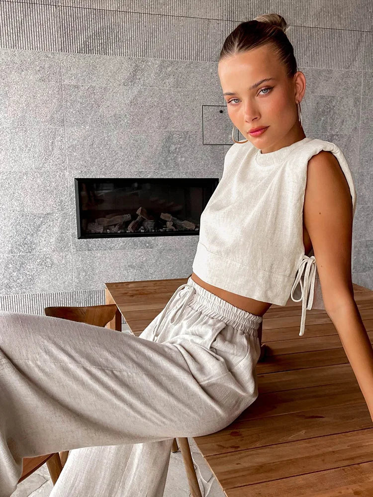 Spring Summer 2023 Women Holiday Linen Pant Set Crop Tops Solid