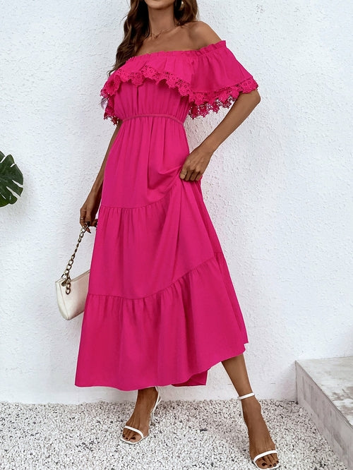 Solid Color High Waist Sexy Lace Slash Neck A-line Maxi Dress