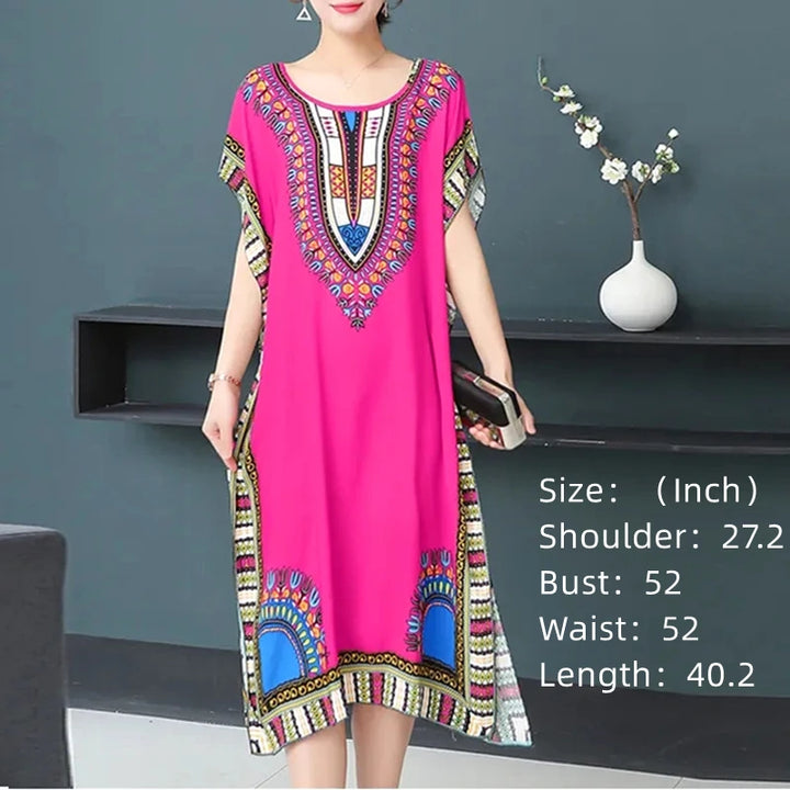 Casual Elegant Ethnic Style Retro Floral Round Neck Slit Straight Dress Summer Women's dress Midi dresses holiday dresses 2024