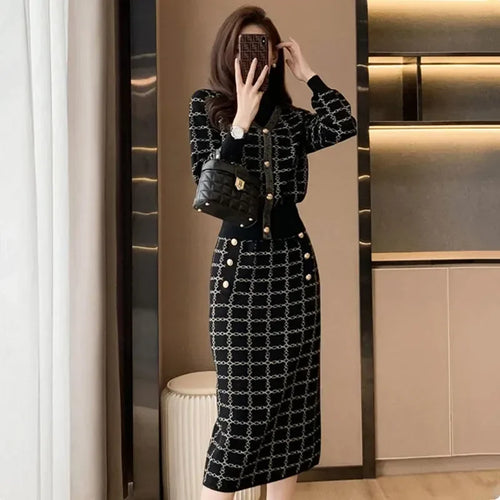 Elegant Half Turtleneck Plaid Sweaters Tops+slim High Waist Knitwear