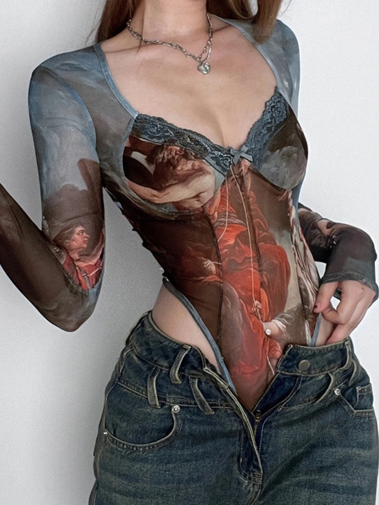 Vintage Print Sexy Bodysuit Lingerie See Through Gauze Lenceria