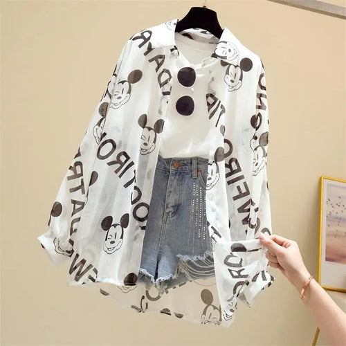 Mickey Mouse Blouse Ladies Long Sleeve Women Shirt Beach Shirts Kawaii