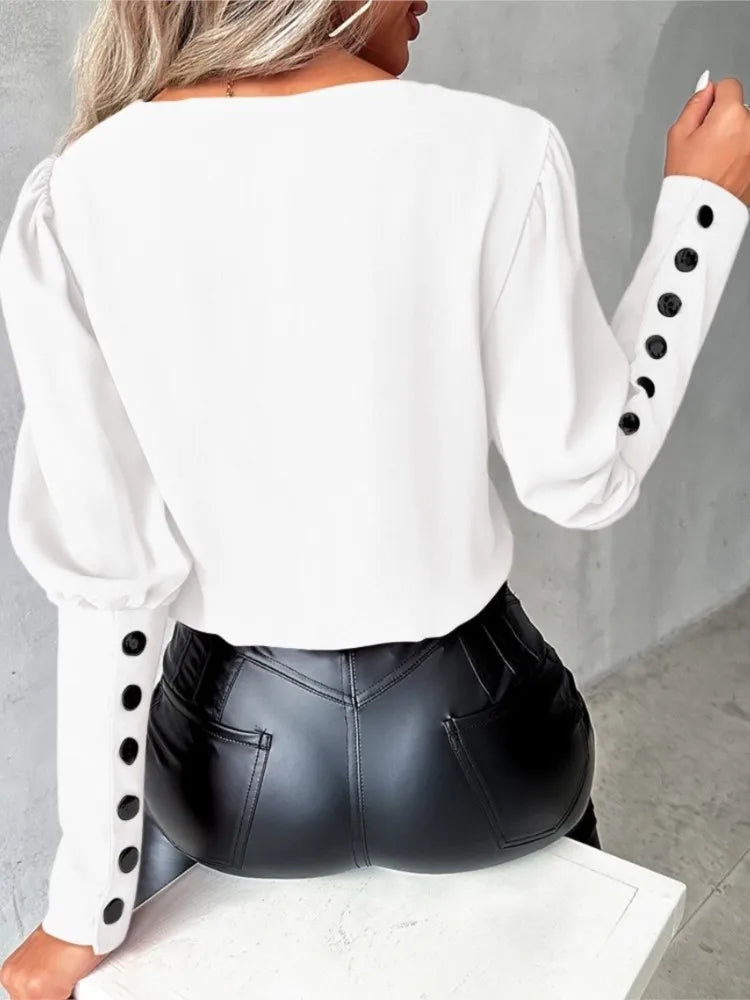 Fashion White Blouse Women 2024 Long Sleeve V Neck Casual Pullover