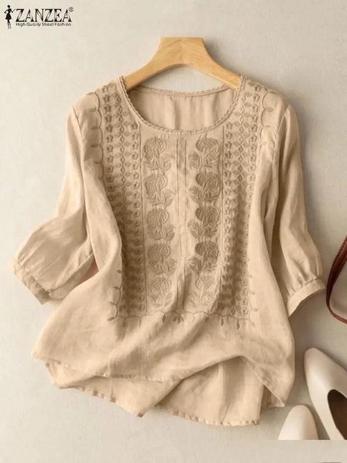 Vintage Shirts ZANZEA Summer Lace Crochet Blouse Women 3/4 O Neck