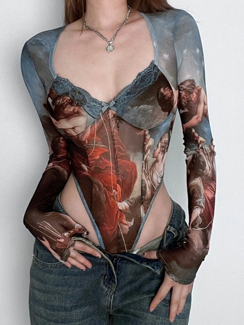 Vintage Print Sexy Bodysuit Lingerie See Through Gauze Lenceria