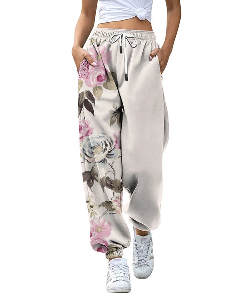 Women's High Waist Drawstring Digital Printed Cargo Pants Fashion