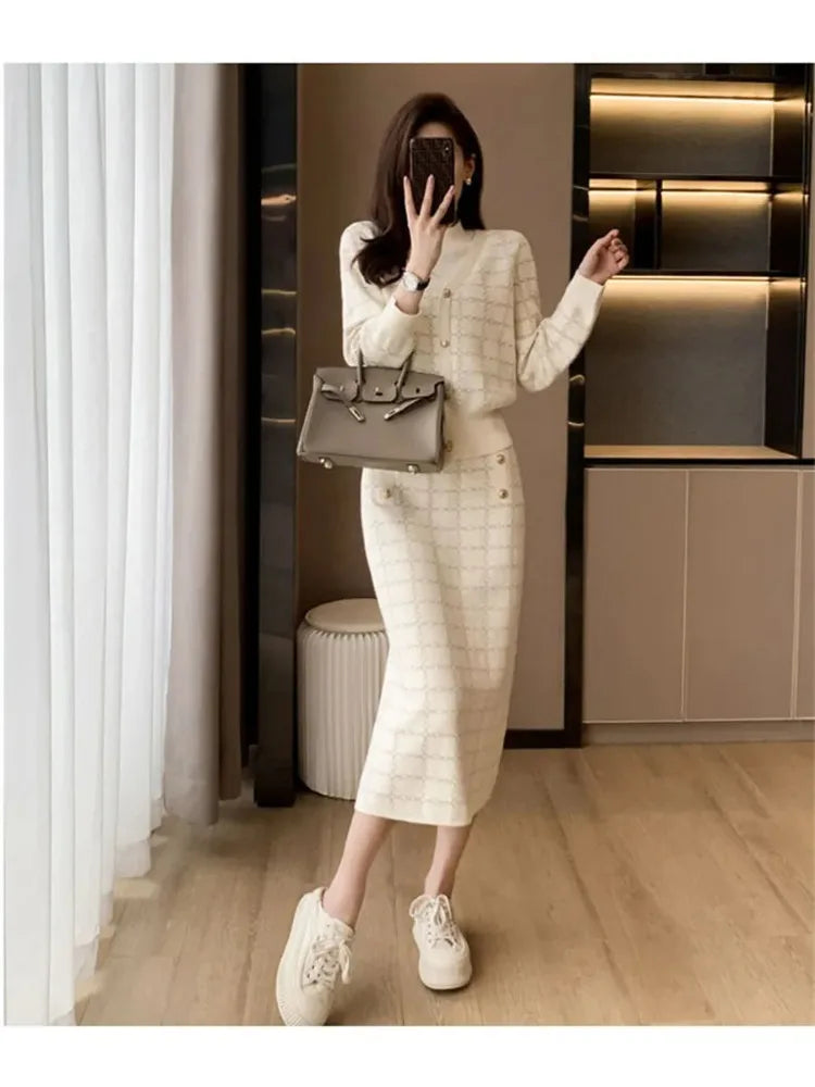 Elegant Half Turtleneck Plaid Sweaters Tops+slim High Waist Knitwear