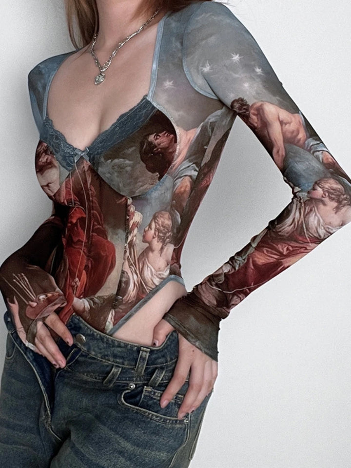 Vintage Print Sexy Bodysuit Lingerie See Through Gauze Lenceria
