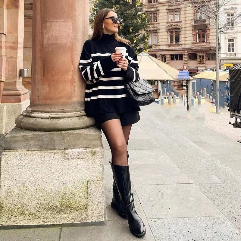 Black and White Striped Knitted Sweater