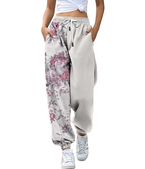 Women's High Waist Drawstring Digital Printed Cargo Pants Fashion