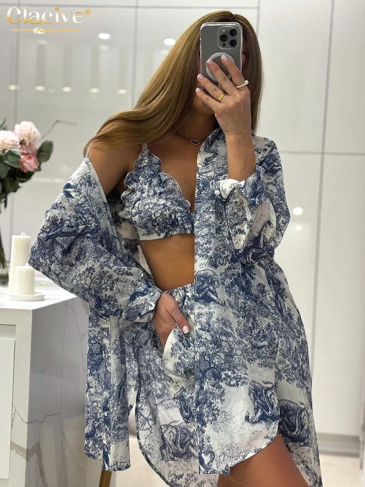 Clacive Fashion Loose Print 3 Piece Sets Women Outfit 2024 Elegant