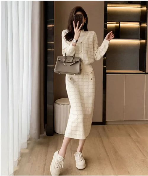 Elegant Half Turtleneck Plaid Sweaters Tops+slim High Waist Knitwear