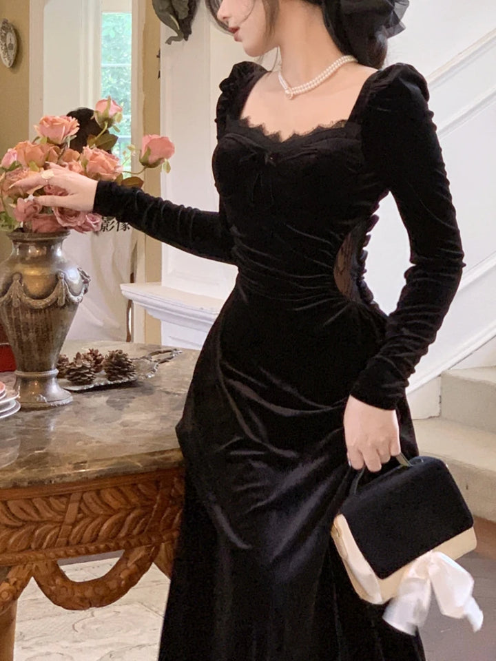 Gothic Vintage Balck Long Sleeve Dress Woman Elegant Fashion Velvet Midi Dress Korean Style Even Party Dress Casual 2023 Spring