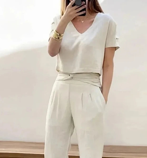 Summer Fashion Casual Loose V-Neck Short Sleeve Top Women's Straight