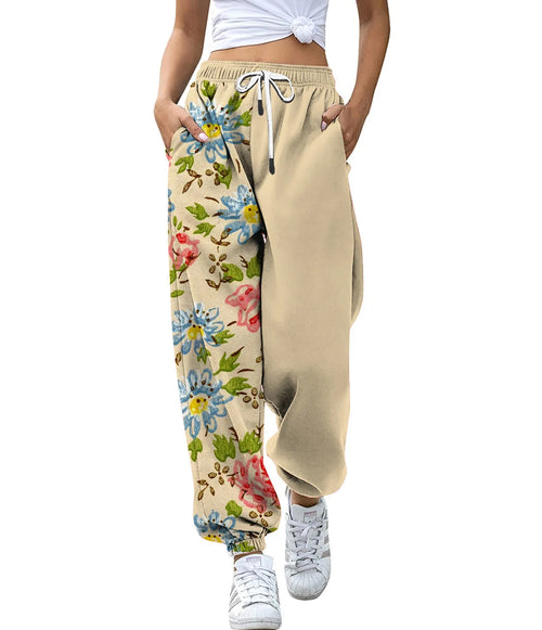 Women's High Waist Drawstring Digital Printed Cargo Pants Fashion