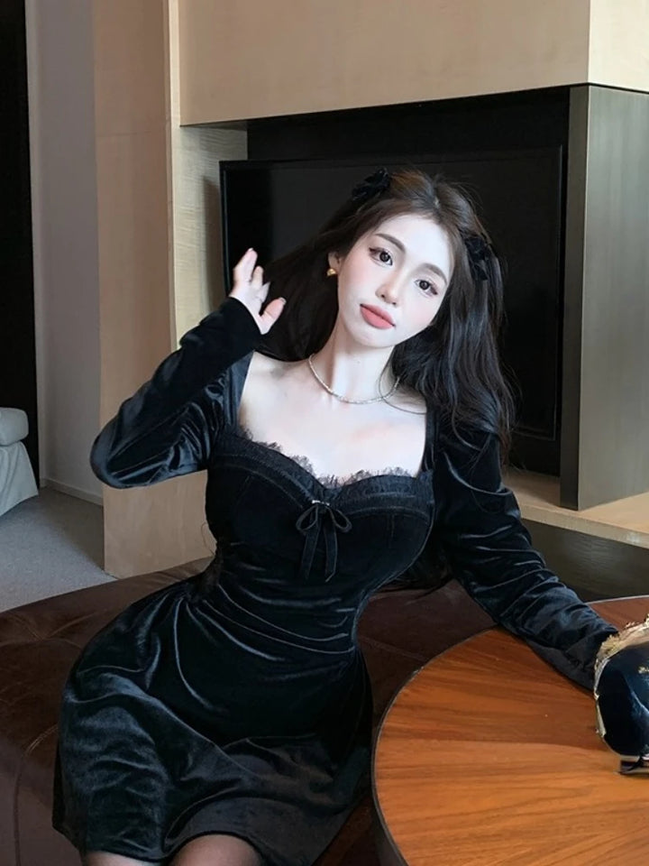 Gothic Vintage Balck Long Sleeve Dress Woman Elegant Fashion Velvet Midi Dress Korean Style Even Party Dress Casual 2023 Spring