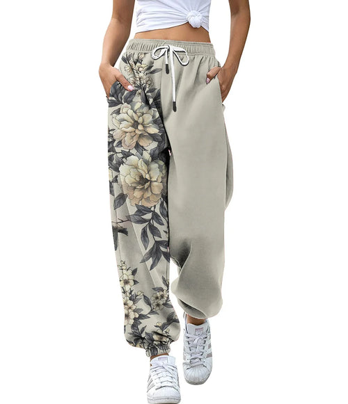 Women's High Waist Drawstring Digital Printed Cargo Pants Fashion