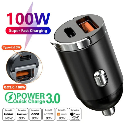 Mini 100W PD QC Pull Ring Fast Charging Car Charger USB C Car Phone