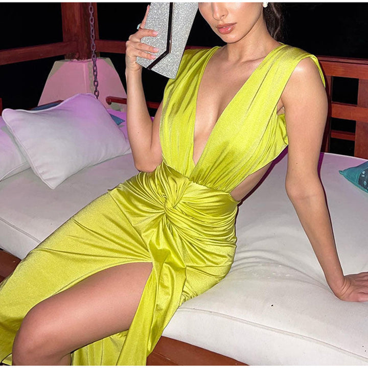 Deep V Neck Green Bodycon Midi Dress