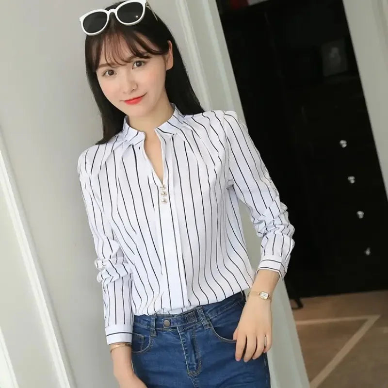 Women White Tops Blouses Fashion Stripe Print Casual Long Sleeve