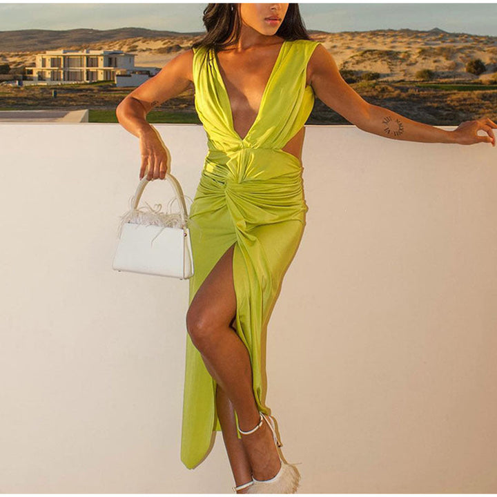 Deep V Neck Green Bodycon Midi Dress