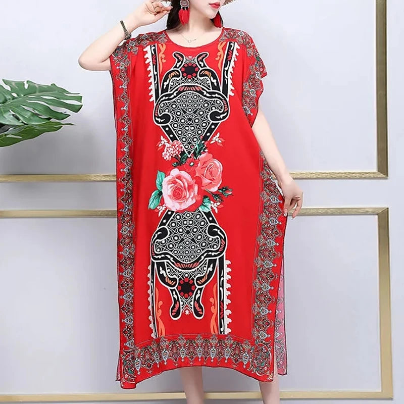 Casual Elegant Ethnic Style Retro Floral Round Neck Slit Straight Dress Summer Women's dress Midi dresses holiday dresses 2024