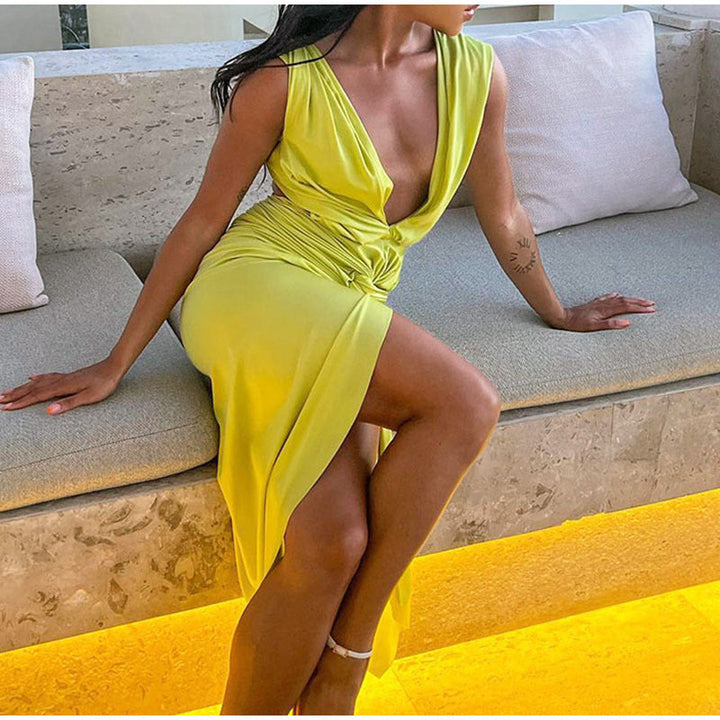 Deep V Neck Green Bodycon Midi Dress