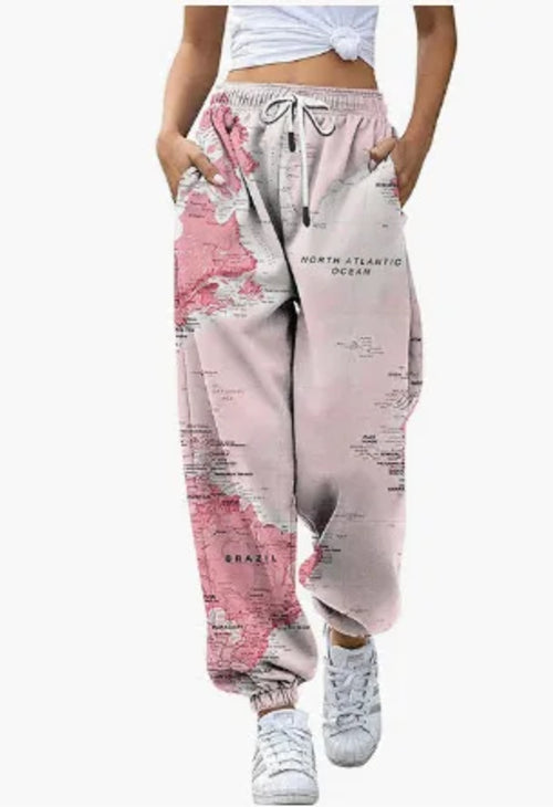 Women's High Waist Drawstring Digital Printed Cargo Pants Fashion