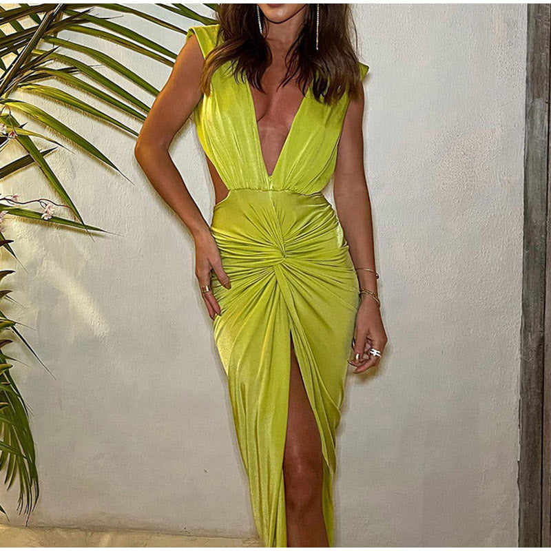 Deep V Neck Green Bodycon Midi Dress