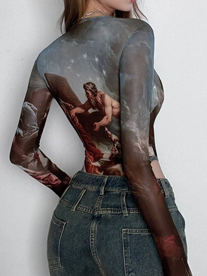 Vintage Print Sexy Bodysuit Lingerie See Through Gauze Lenceria