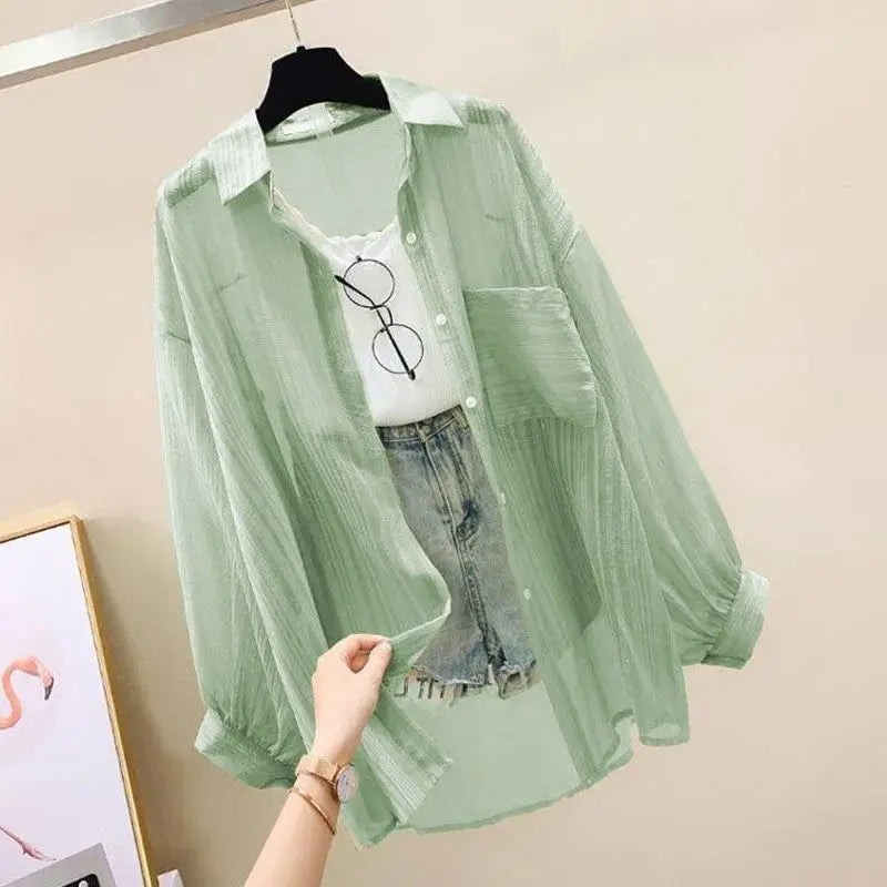 Summer Sunscreen Shirt Elegant Perspective Thin Chiffon Blouse Korean