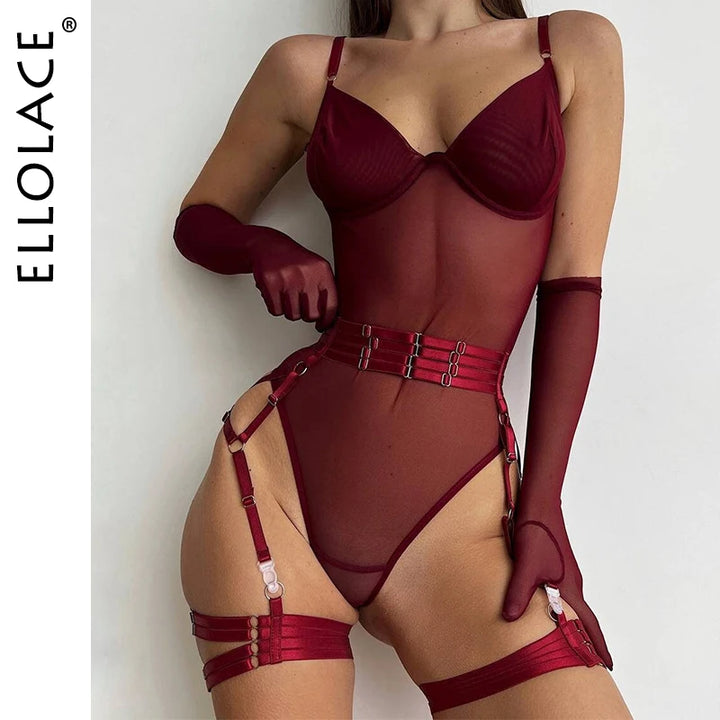 Ellolace Tight Fitting Lace Bodysuit Sexy See Through Erotic Body With