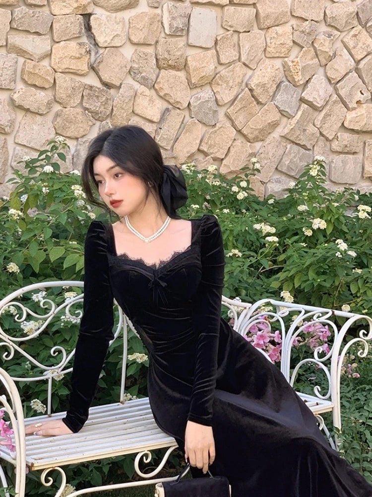 Gothic Vintage Balck Long Sleeve Dress Woman Elegant Fashion Velvet Midi Dress Korean Style Even Party Dress Casual 2023 Spring