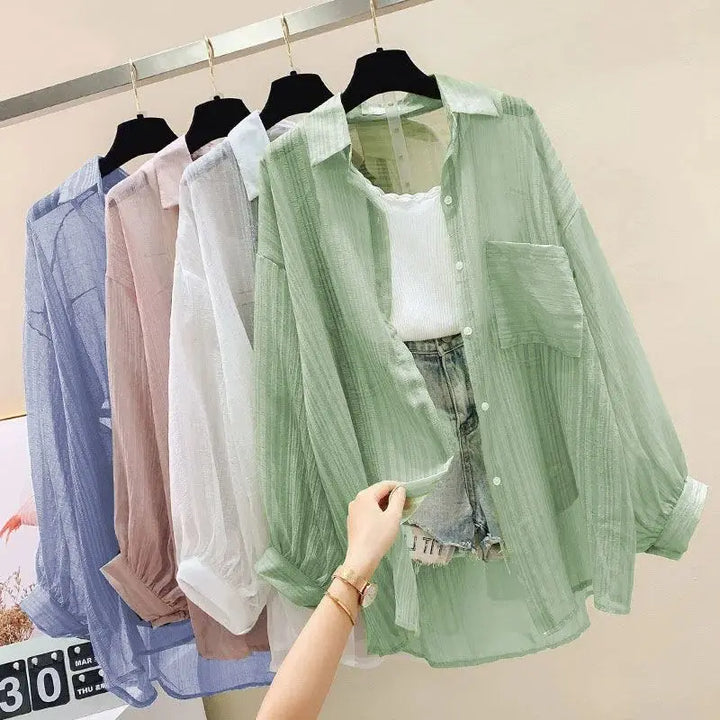 Summer Sunscreen Shirt Elegant Perspective Thin Chiffon Blouse Korean